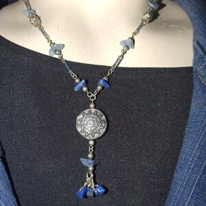 Vintage Silver Pendant Necklace  Blue Stone Beads Glass Accents Long Tribal